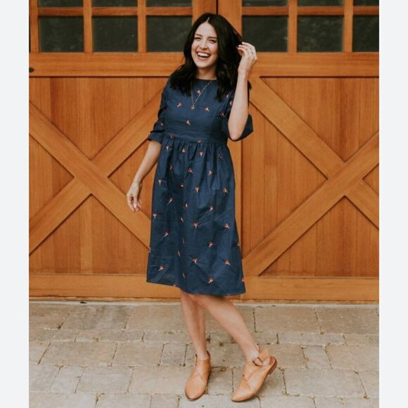 Tea N Rose Anthropolgie 100% Cotton Navy Embroidered Floral Dress Size: L - Picture 1 of 11